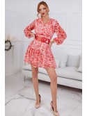 Rochie rosie din sifon cu centura larga FG636 - Magazin online - Boutique